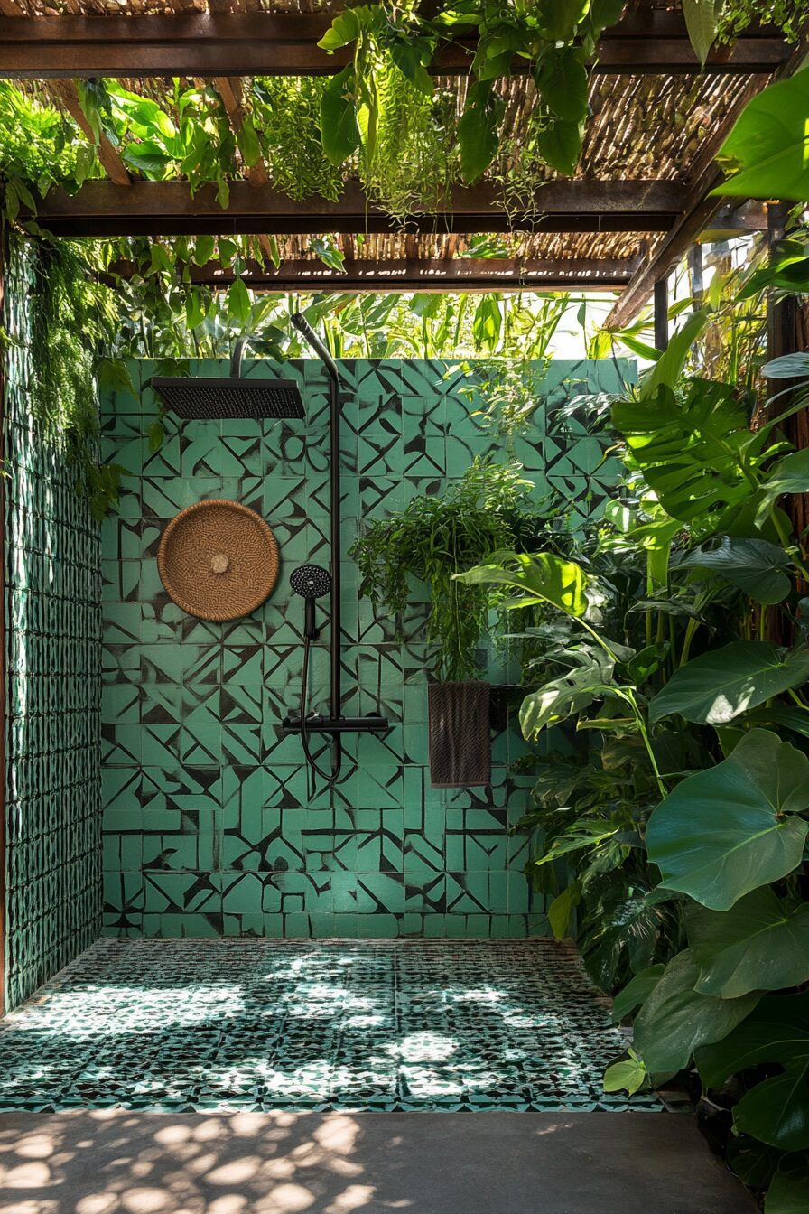 Pool house. Indoor garden shower with geometric tile backdrop.