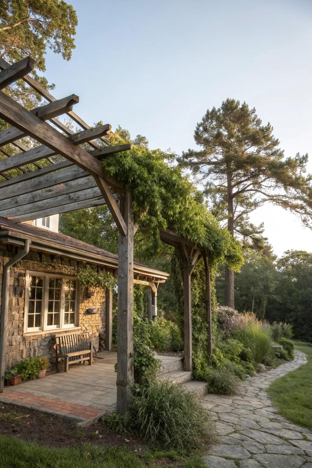 A rustic wooden pergola that exudes warmth and charm.