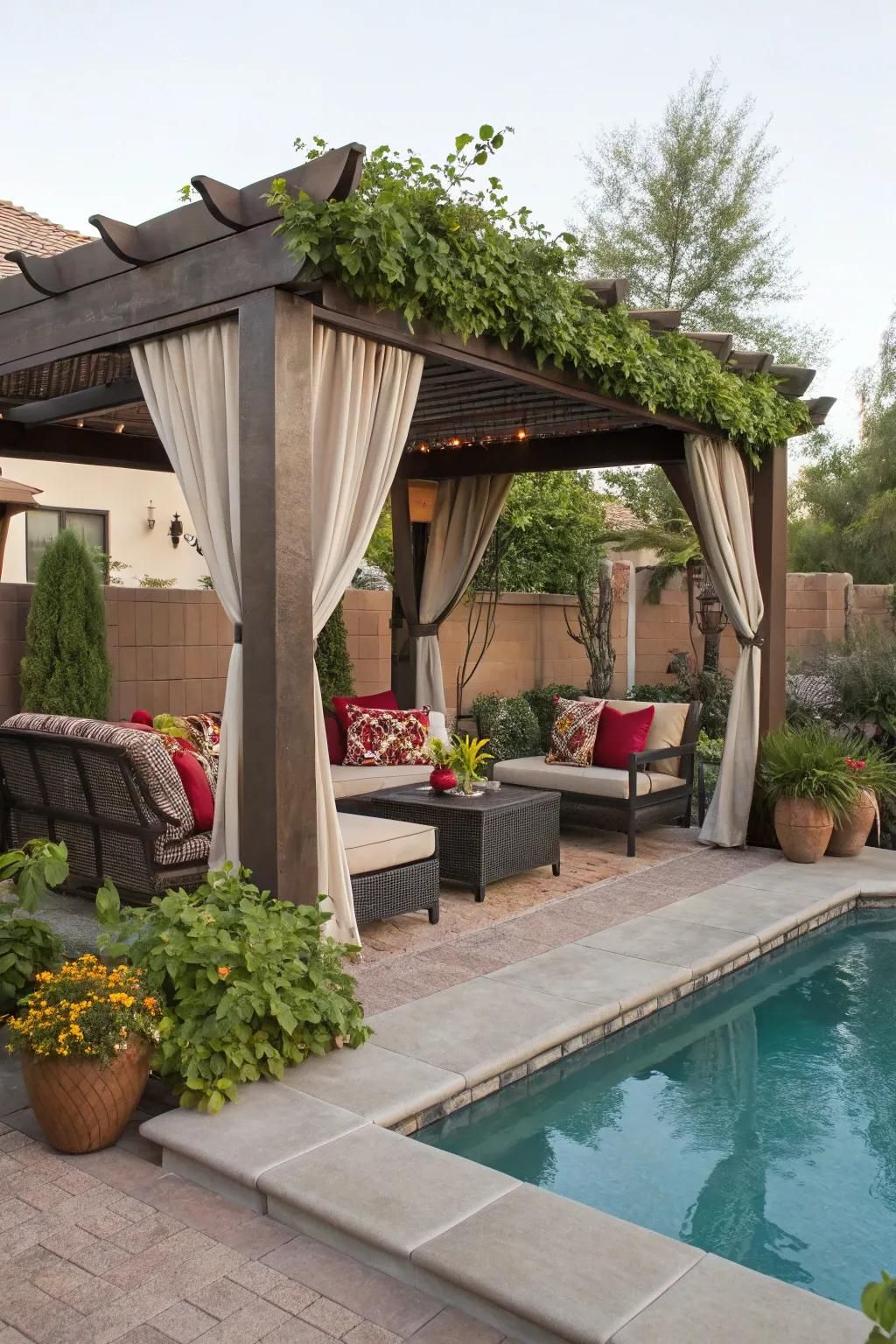 Shaded retreats offer comfort and style poolside.