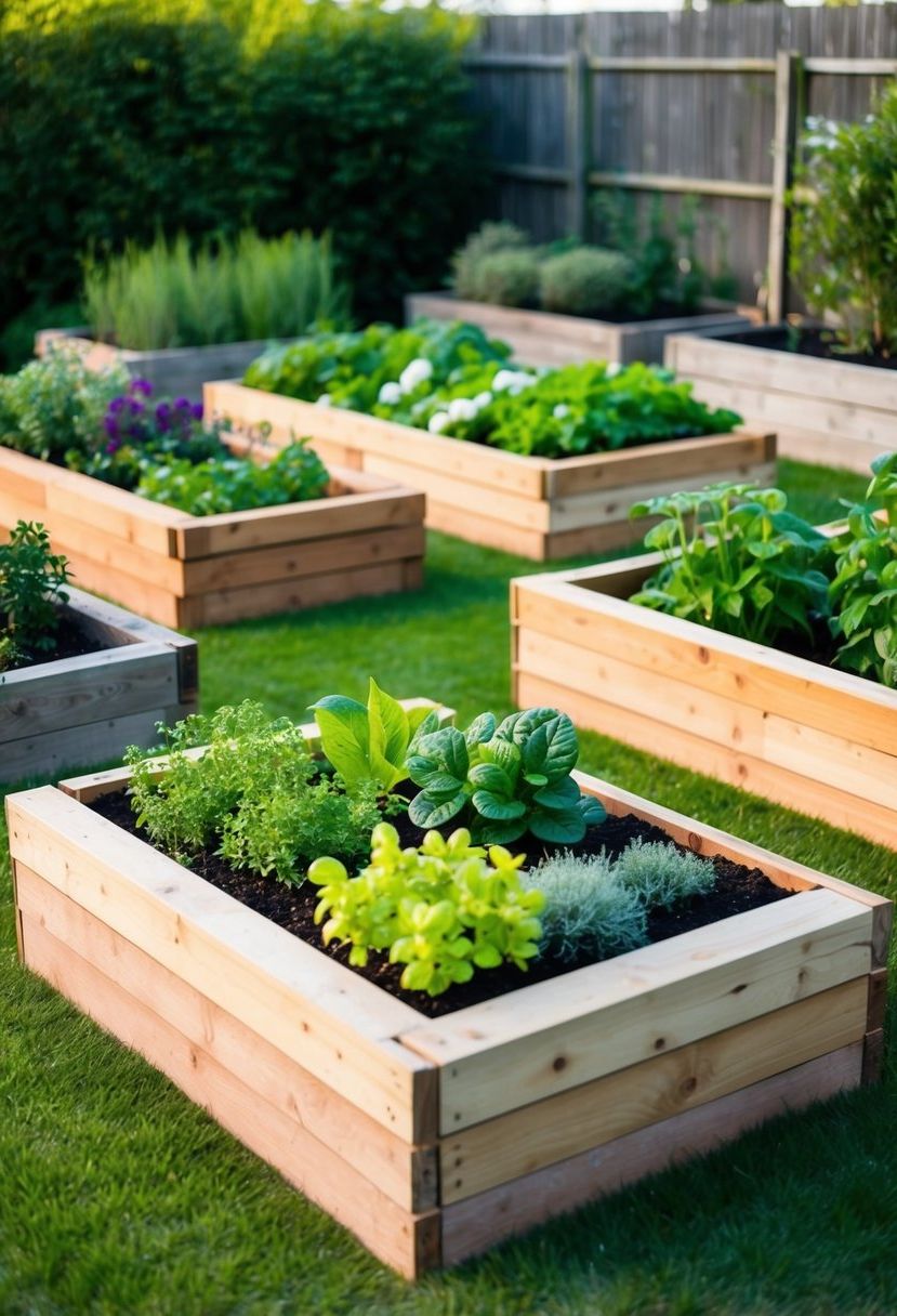A backyard garden with various raised beds made from wood, bricks, or recycled materials. Lush green plants, flowers, and herbs fill the beds, surrounded by a neatly manicured lawn