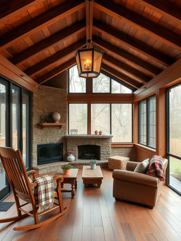 Rustic screened-in porch with exposed wood beams, stone fireplace, and comfortable seating.