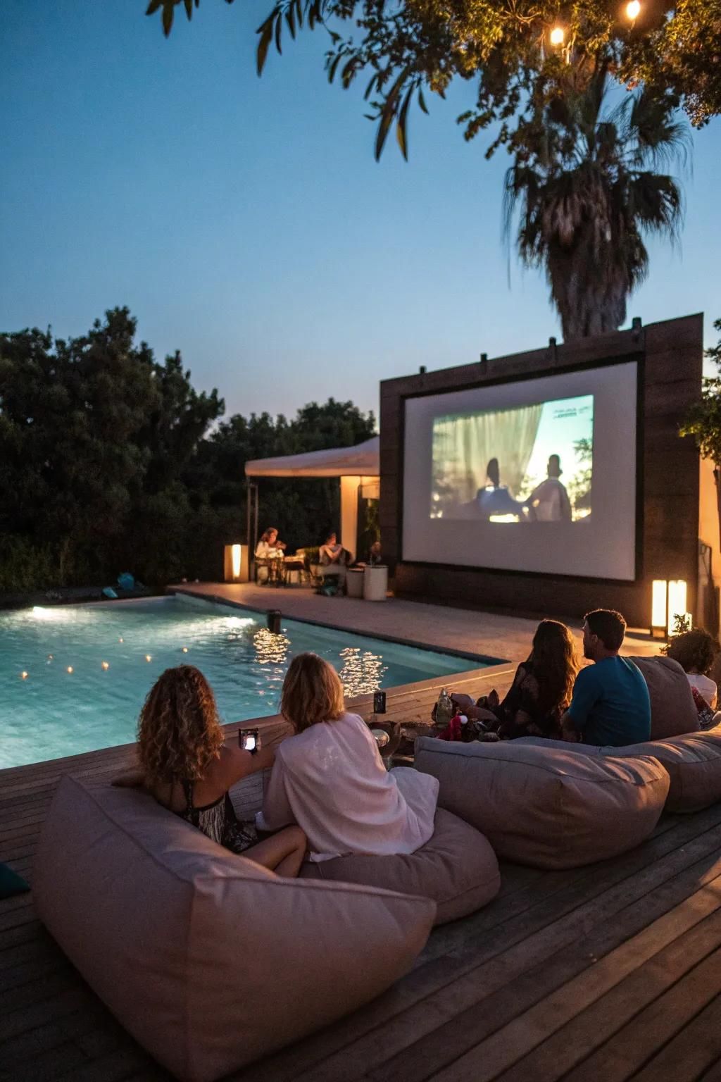 An outdoor movie night adds a cinematic touch to poolside fun.