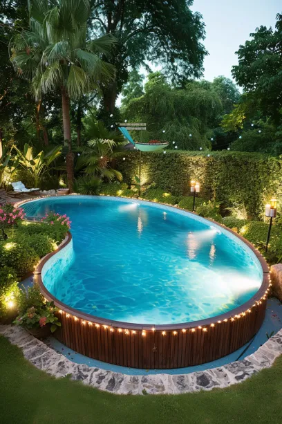 Nighttime aerial view of a brightly lit swimming pool with decorations and landscaping