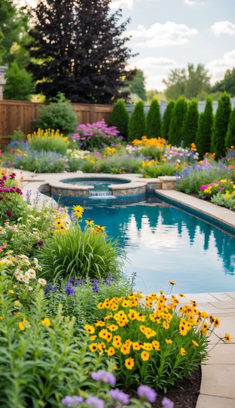A backyard garden filled with colorful wildflowers surrounds a tranquil pool, with a variety of landscaping ideas on display