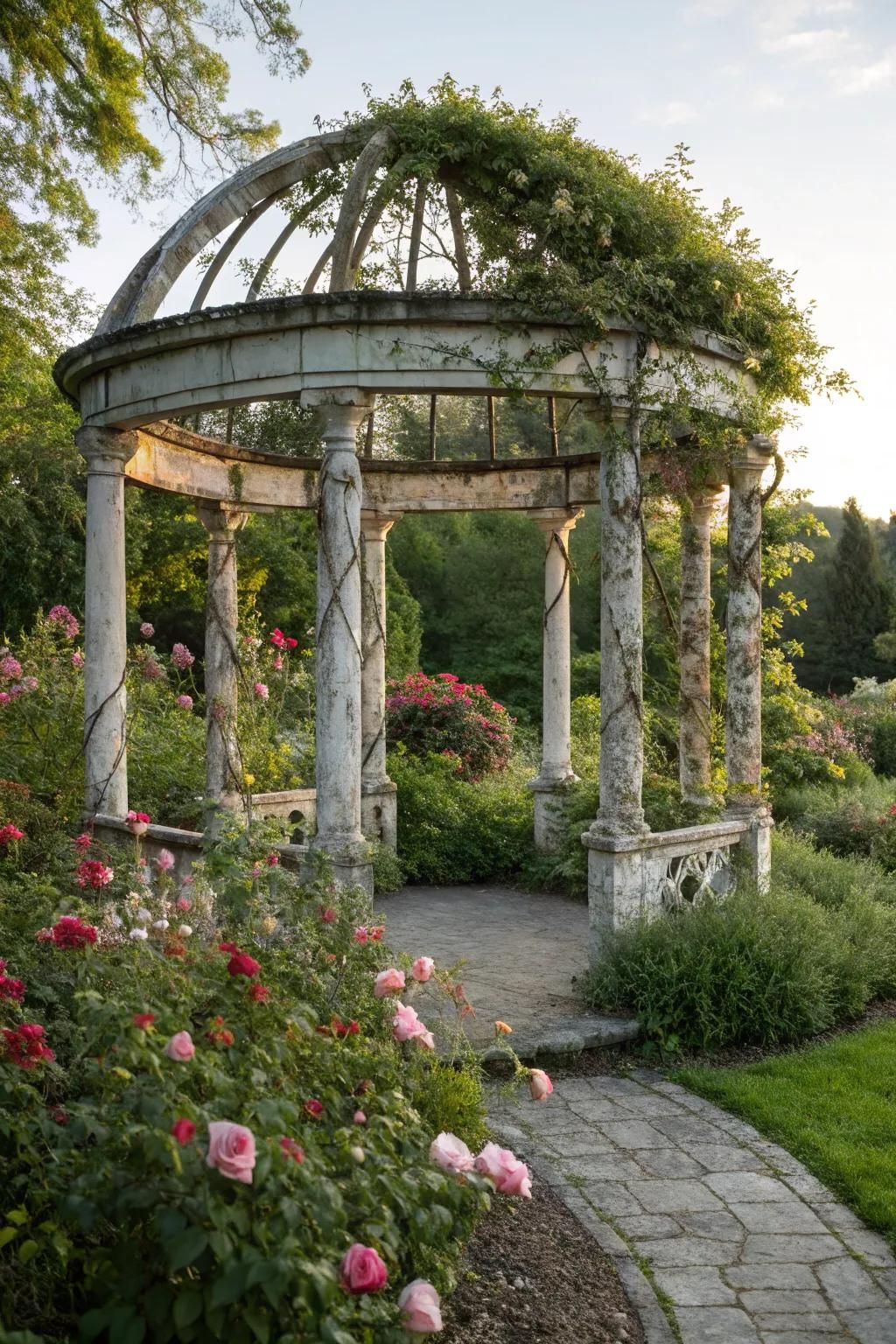 A vintage-inspired pergola adds character and charm to any garden.