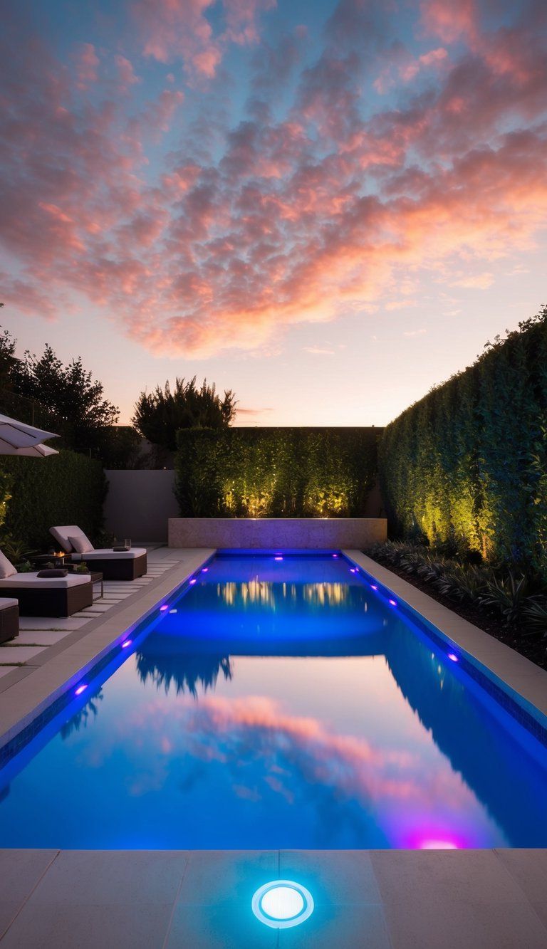Colorful underwater lights illuminate a modern pool surrounded by lush landscaping in backyard of house

