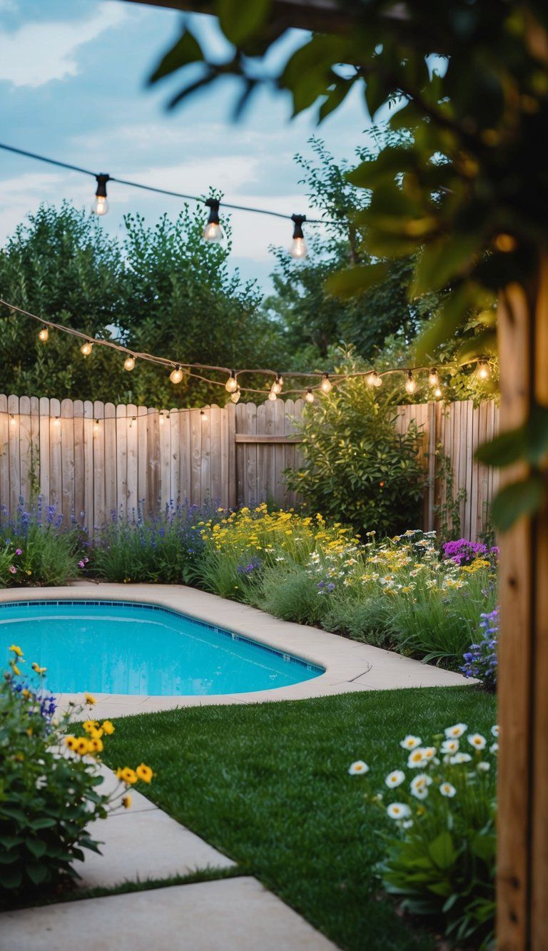 A cozy backyard with a lush garden, a rustic wooden fence, and a charming pool surrounded by wildflowers and twinkling string lights