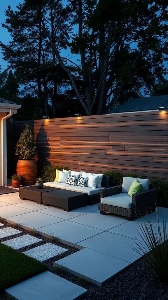Modern horizontal slat privacy fence with soft lighting, featuring stylish outdoor furniture.