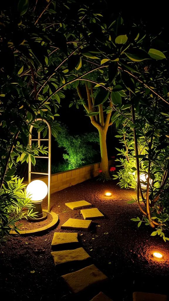 A beautifully lit garden pathway at night, featuring glowing lights and lush greenery.