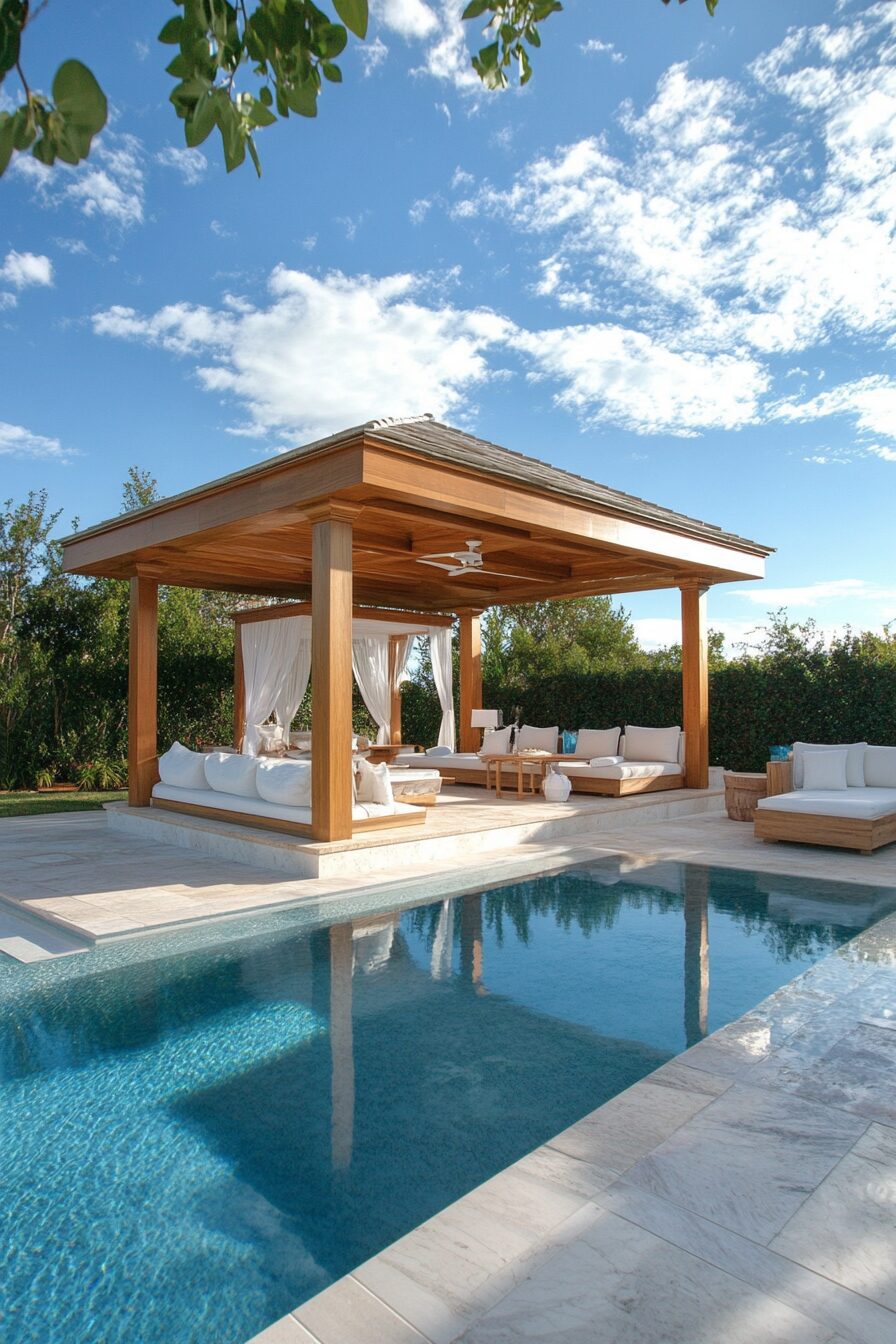 Pool house. Ivory marble floors, open sky shower, teak changing cabana, poolside cabana lounging area.