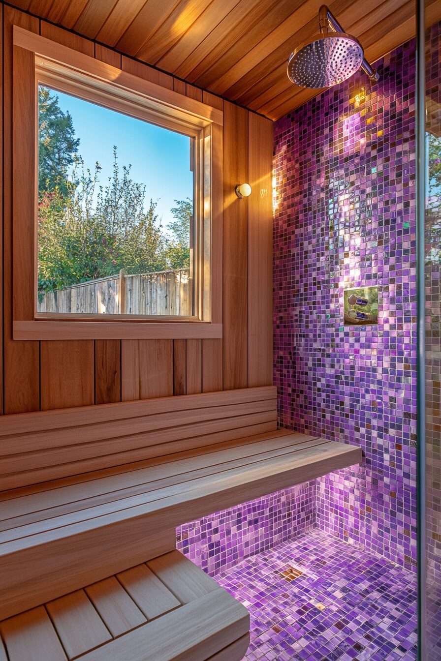Pool house. Indoor teakwood shower with lavender mosaic tiles.
