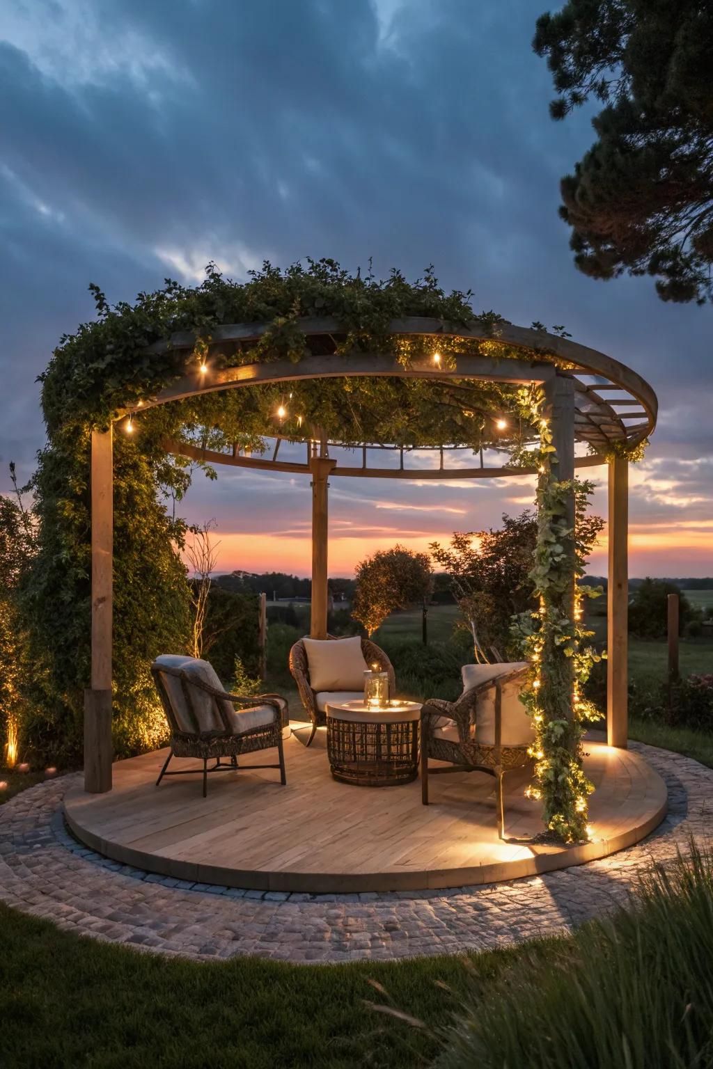 Integrated lighting turns a pergola into a magical evening retreat.