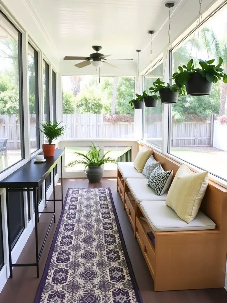 A long and narrow screened-in back porch with a comfortable bench, hanging plants, a stylish rug, and a small table.