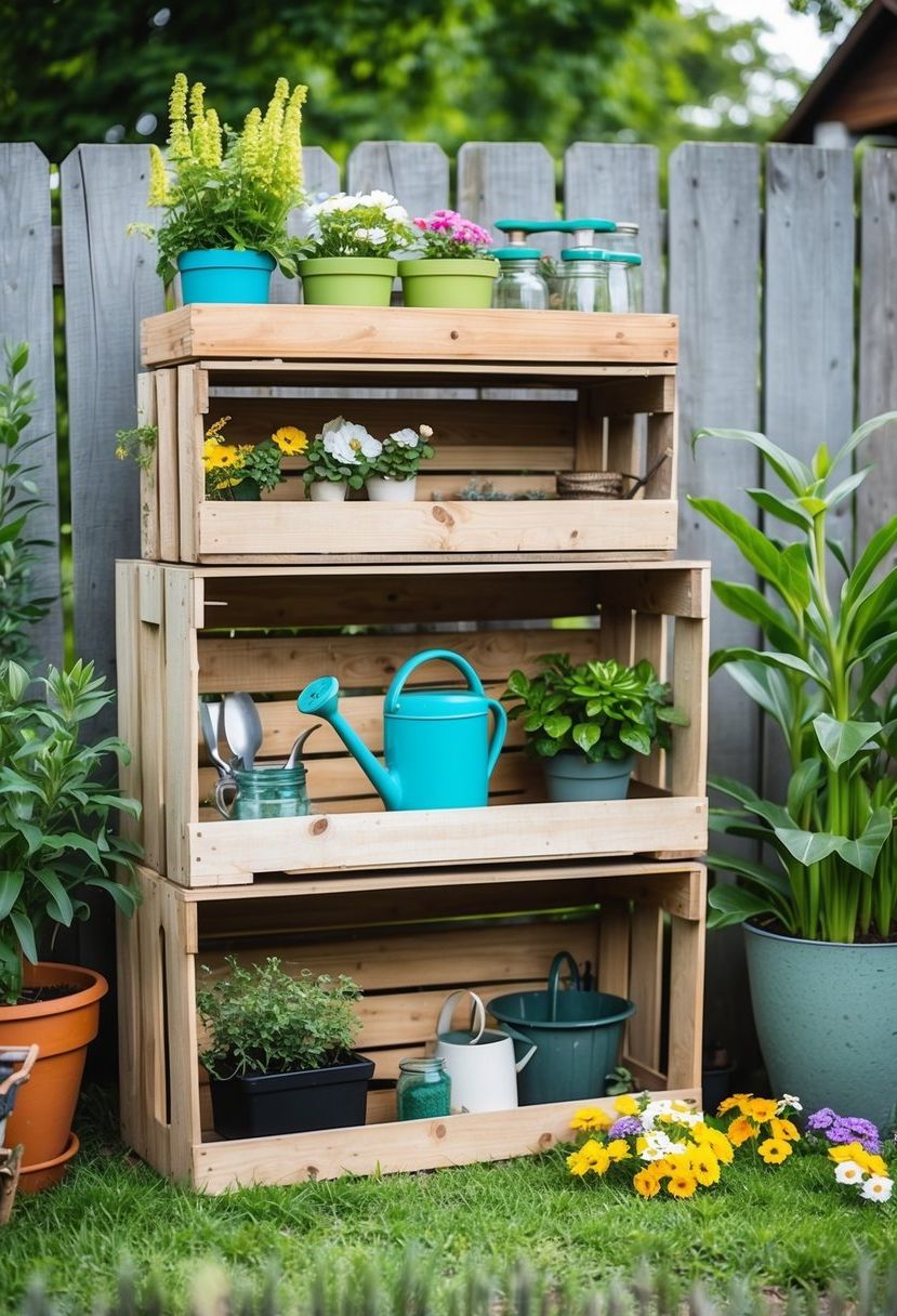 Wooden crate shelves holding various garden items, surrounded by plants and flowers. A budget-friendly garden setup with a rustic and natural aesthetic