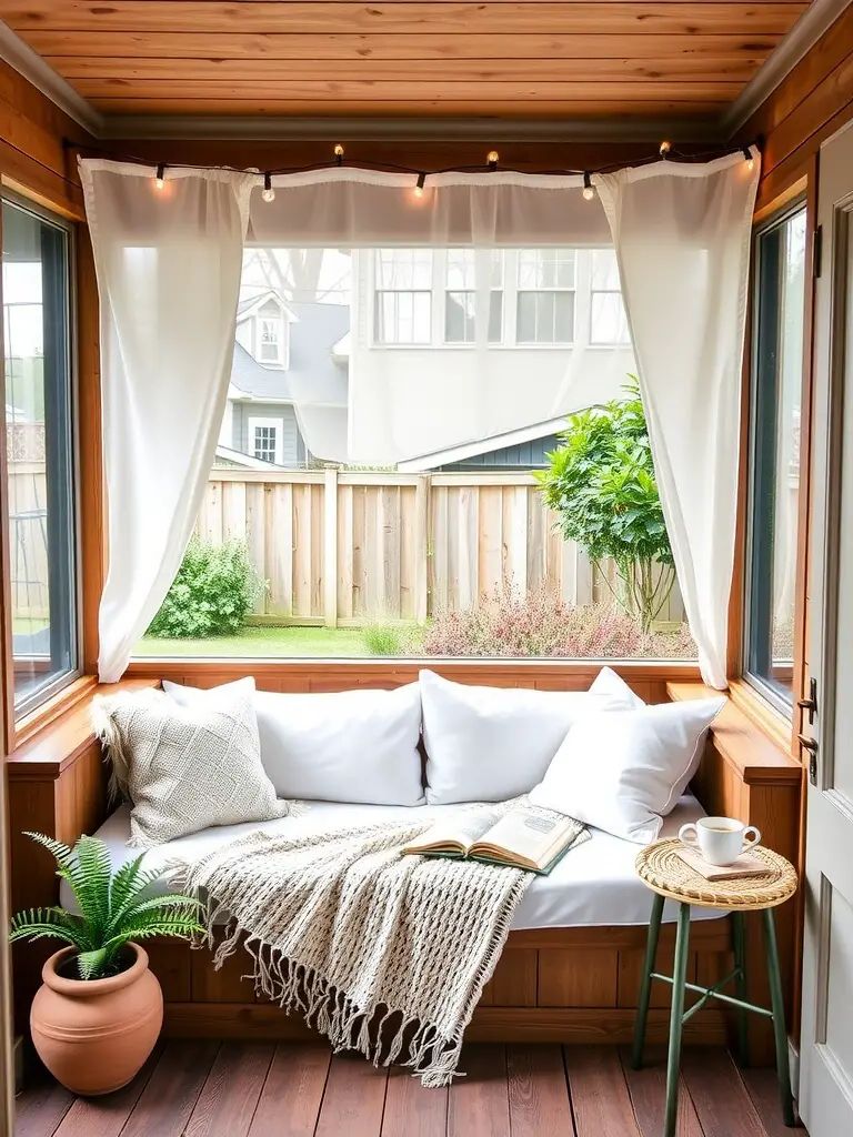 Cozy screened-in back porch featuring a built-in daybed with cushions and a small side table.