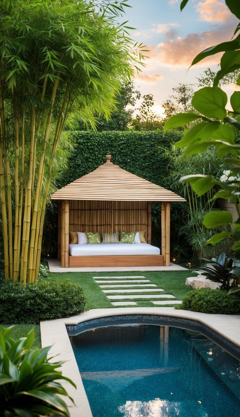 A serene backyard oasis with a bamboo hideaway, surrounded by lush landscaping and a sparkling pool