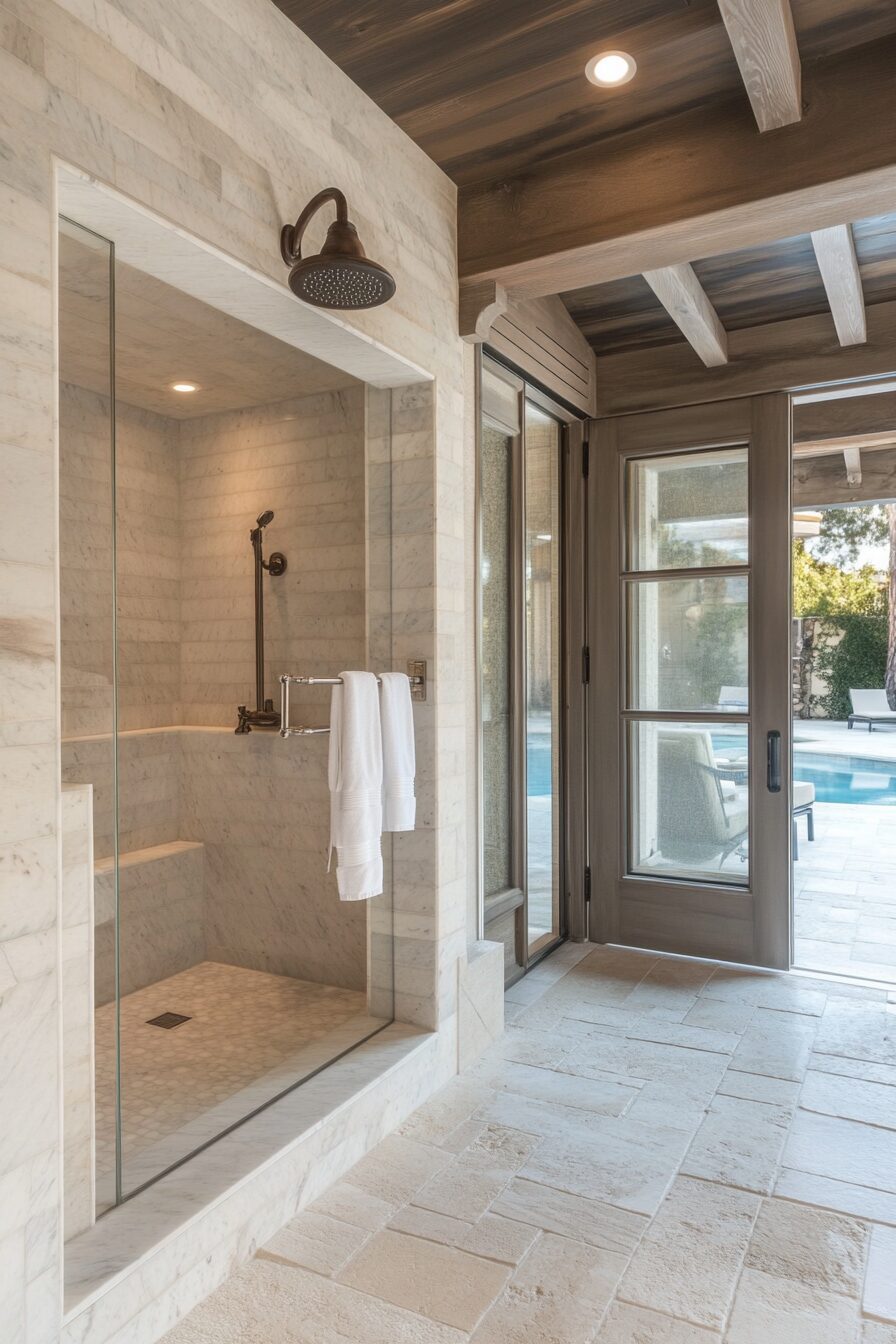 Luxe pool house. Indoor-outdoor marble shower adjacent to changing cabana.