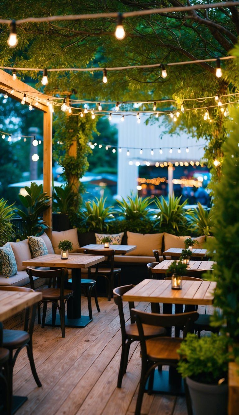 A lively outdoor bar with string lights, wooden tables, and cozy seating. Lush greenery and potted plants create a relaxed and inviting atmosphere