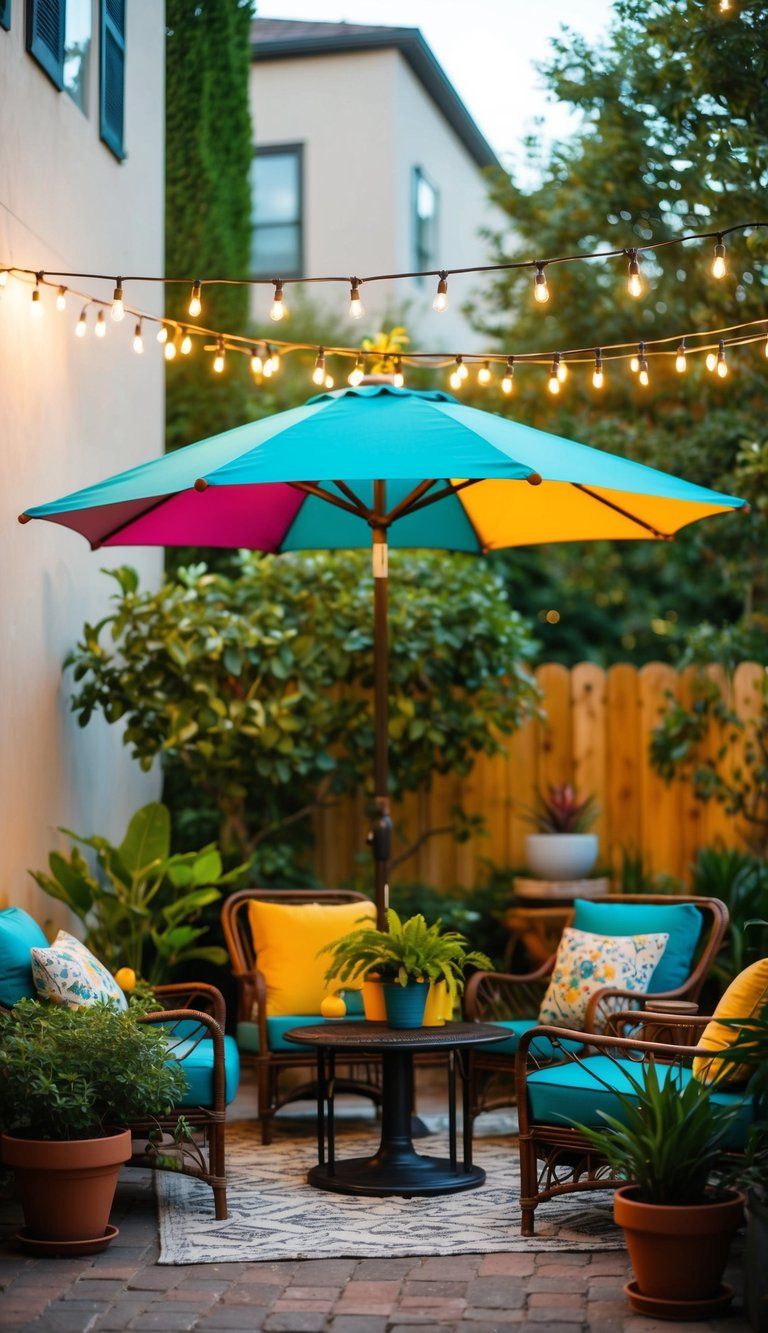 A colorful patio umbrella shades a cozy outdoor seating area surrounded by potted plants and string lights