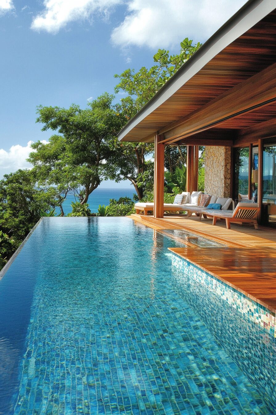 Luxe Pool House. Indoor-outdoor shower with mosaic tile, hardwood cabana, covered lounge overlooking infinity pool.