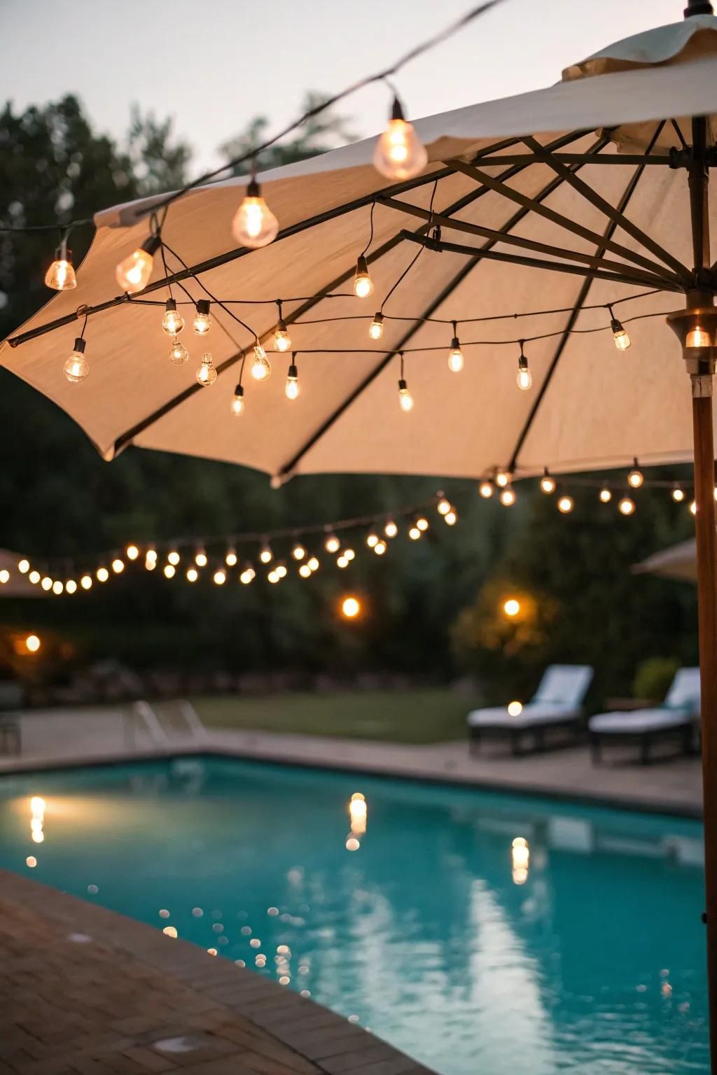 Umbrella lights create intimate spaces for evening chats.
