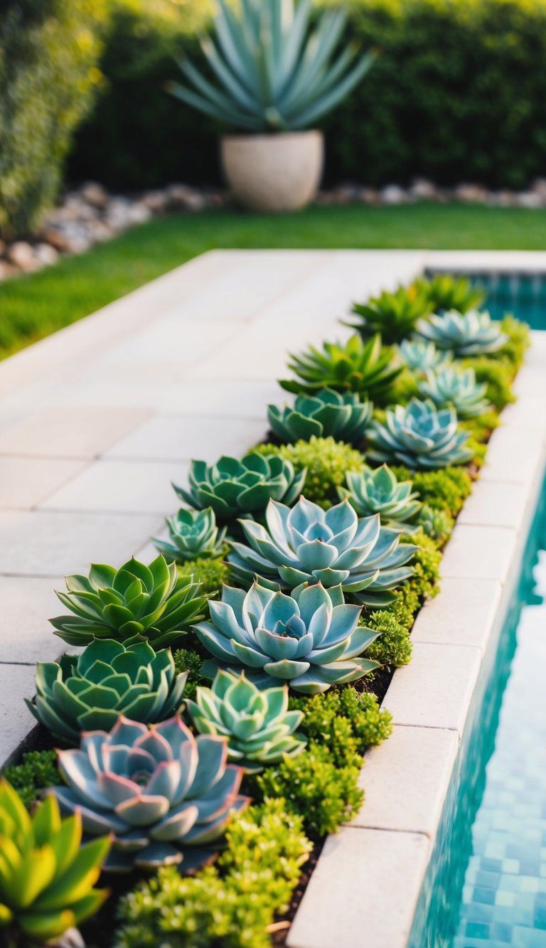 A poolside landscape with various succulents arranged in a low-maintenance and greenery-focused design