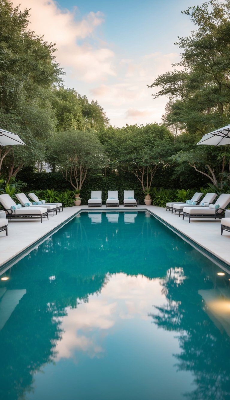A serene saltwater pool surrounded by lush greenery and comfortable lounge chairs, with a modern design and clean lines