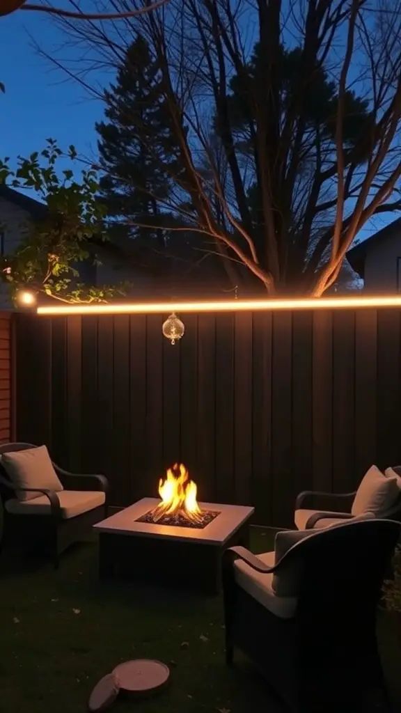A cozy backyard with a dark privacy fence featuring built-in LED lighting, a fire pit, and comfortable chairs.