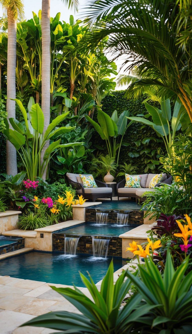 A lush backyard oasis with vibrant tropical plants, cascading water features, and comfortable seating areas. The design incorporates palm trees, colorful flowers, and lush green foliage to create a serene and inviting atmosphere