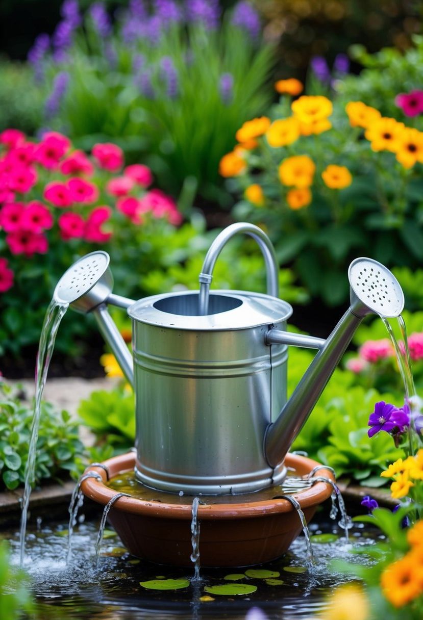 A watering can fountain in a budget garden, surrounded by colorful flowers and lush greenery. Water cascades from the spout, creating a relaxing and picturesque scene