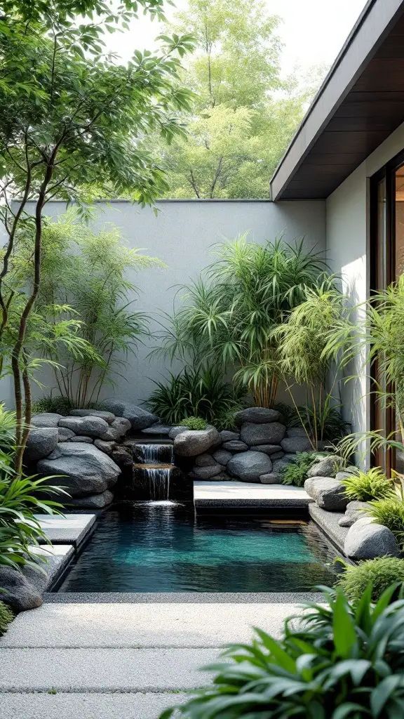 Small pool with a waterfall surrounded by plants and stones