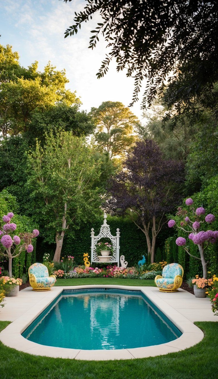 A lush backyard with a pool surrounded by trees, flowers, and whimsical garden decor
