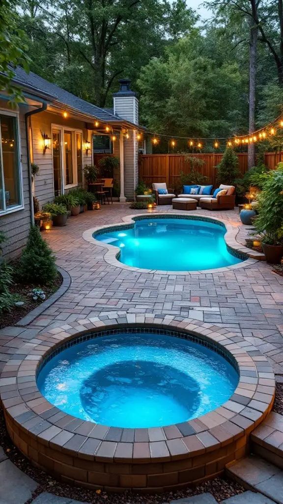 A small backyard pool and hot tub combo with glowing water and string lights.