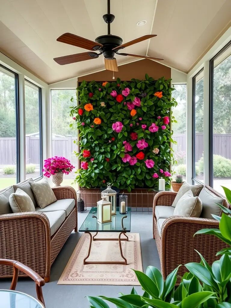 A screened-in porch featuring a garden wall with colorful flowers, wicker furniture, and a ceiling fan.