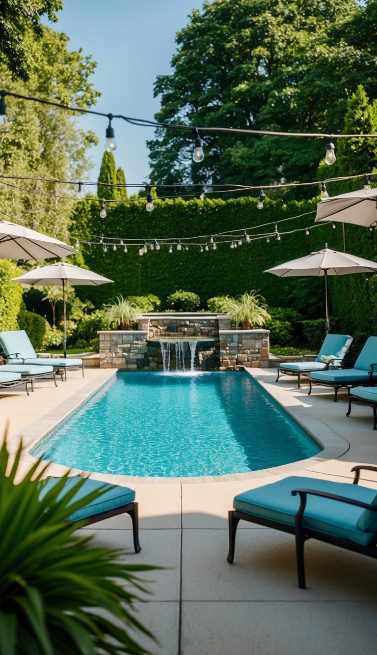 A sunny backyard with a sparkling pool surrounded by lounge chairs, umbrellas, and lush greenery. A waterfall feature adds a touch of tranquility, while string lights create a cozy ambiance for nighttime swimming