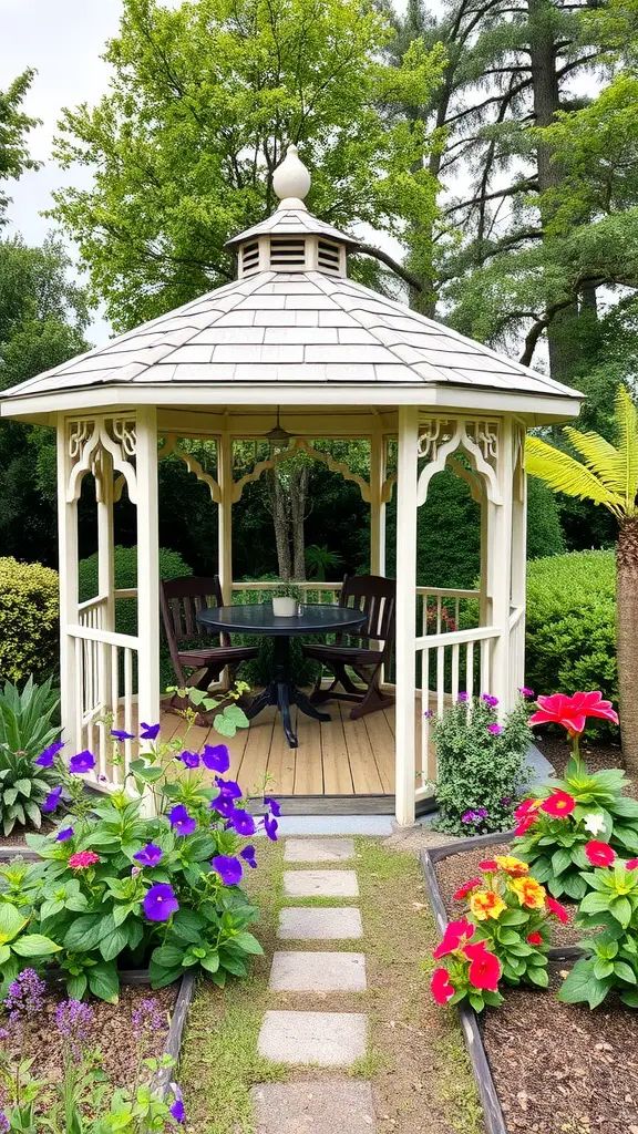 A beautiful gazebo surrounded by vibrant flowers in a garden.