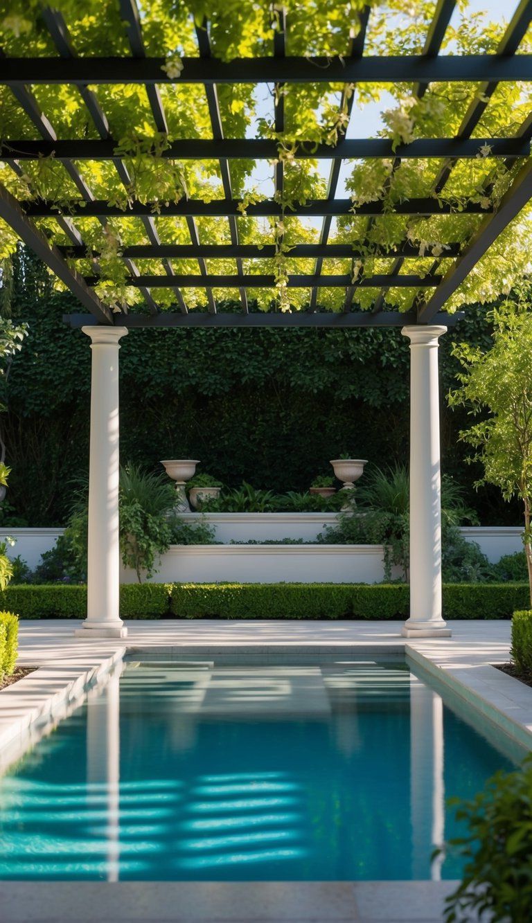 A pergola casts dappled shade over a serene pool landscape, surrounded by lush greenery and elegant design features