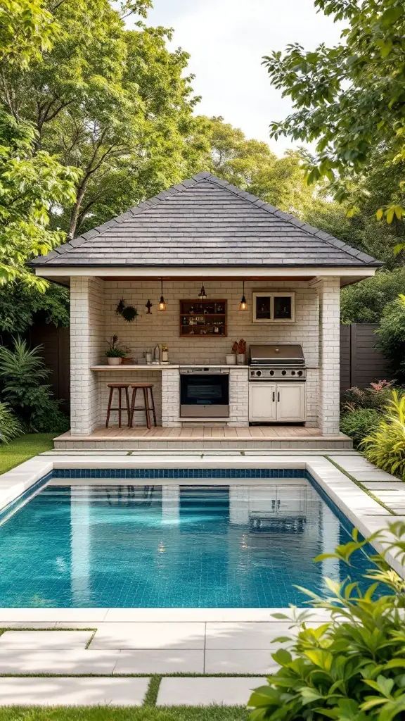 A small pool with a white brick pool house and outdoor kitchen surrounded by greenery.