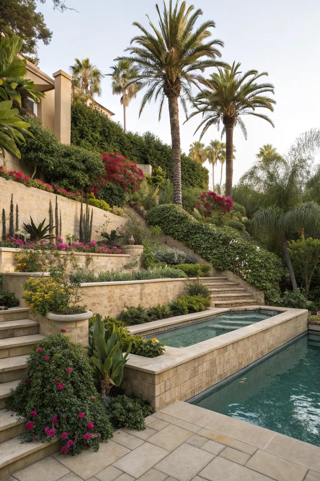 Multi-level gardens add depth and interest to your pool area.