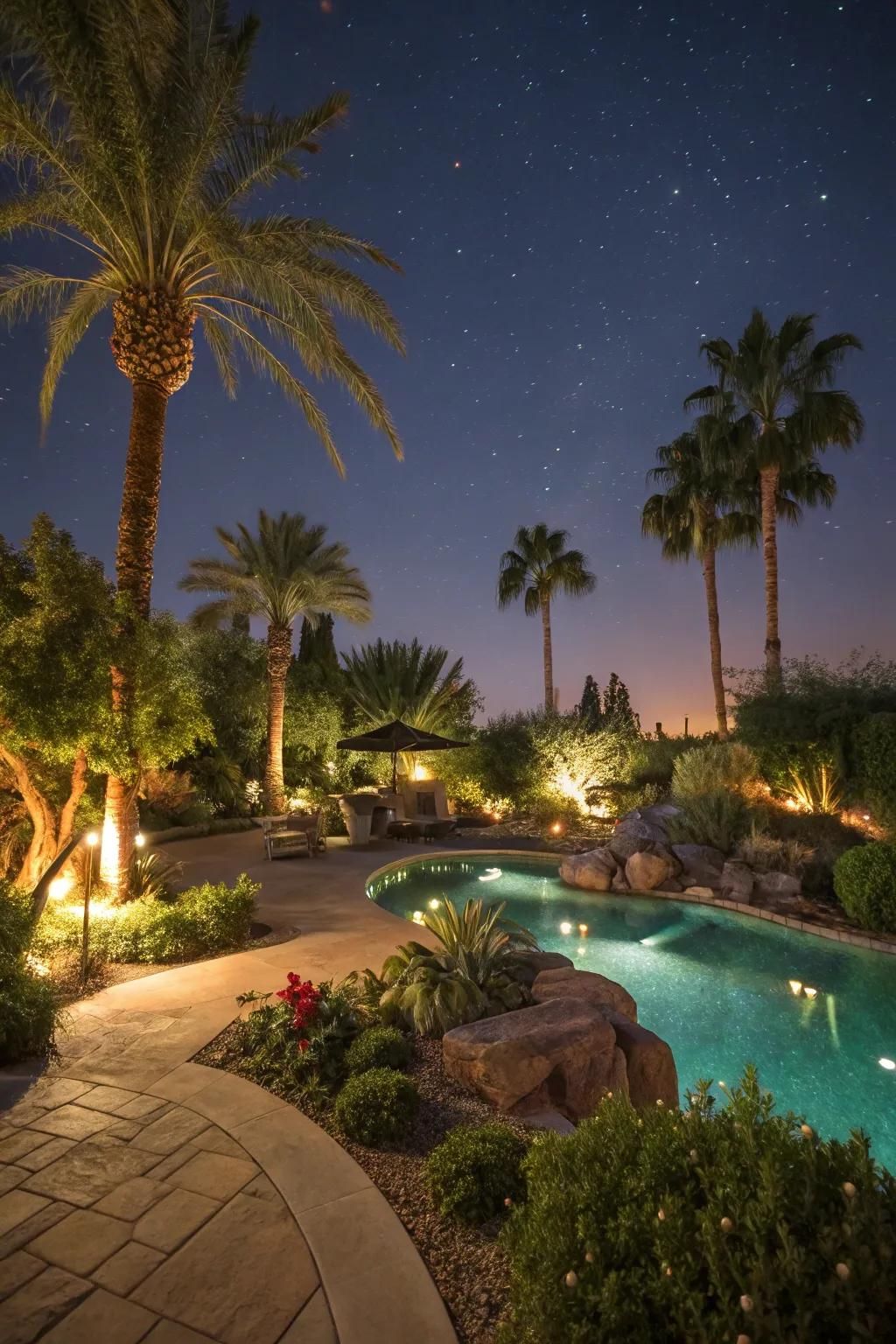 LED lighting transforms pool areas into enchanting nightscapes.