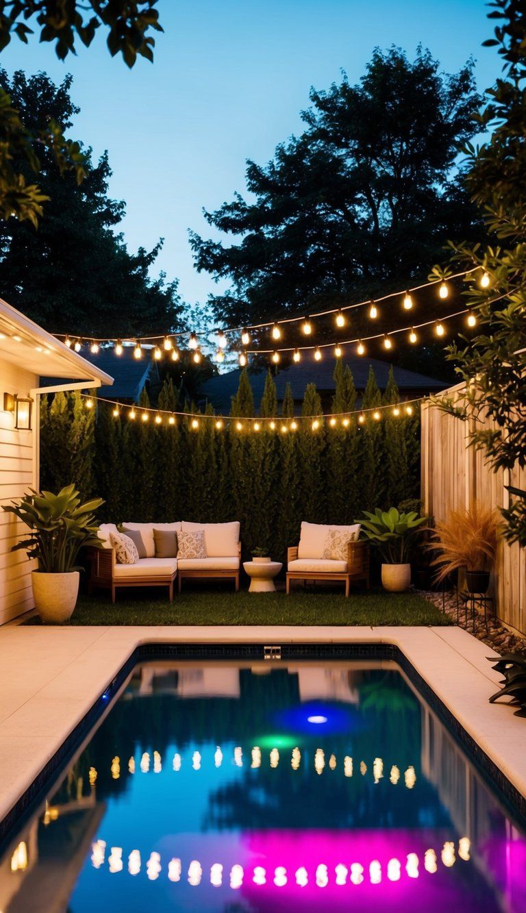 A backyard pool is illuminated by LED lights, casting a colorful glow over the water. Surrounding plants and furniture add to the tranquil ambiance
