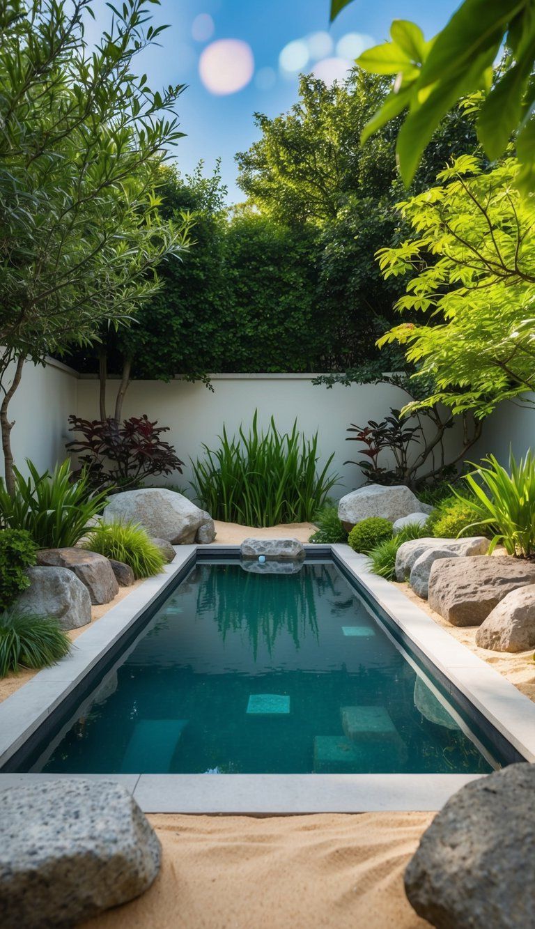 A serene Zen garden with a tranquil pool surrounded by carefully manicured landscaping, featuring rocks, sand, and carefully placed plants for a peaceful retreat