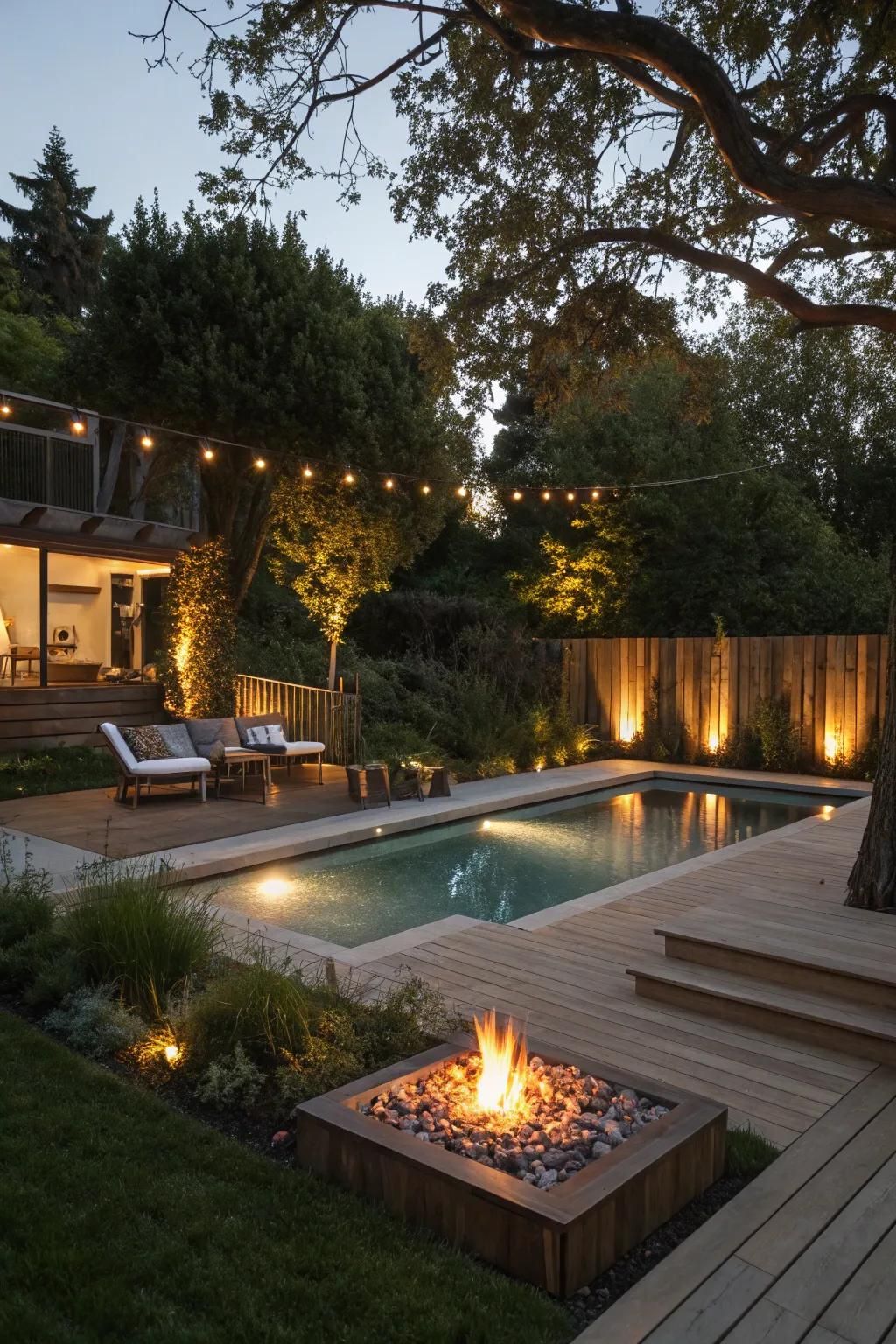 Subtle lighting transforms the backyard into a magical retreat.