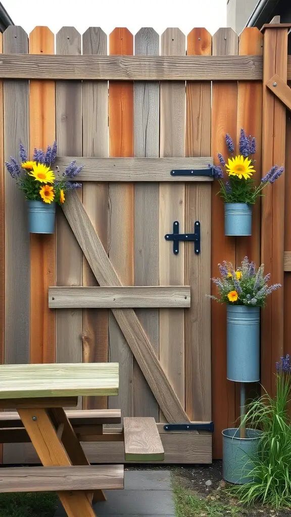 A rustic wooden privacy fence with a door and flower pots