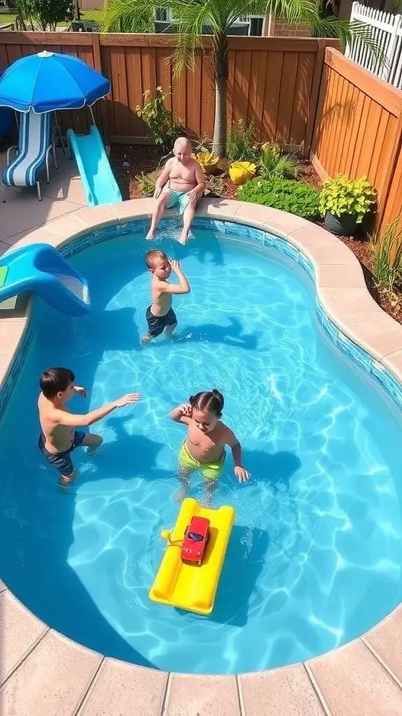 A vibrant small pool designed for kids, featuring shallow areas and bright colors.