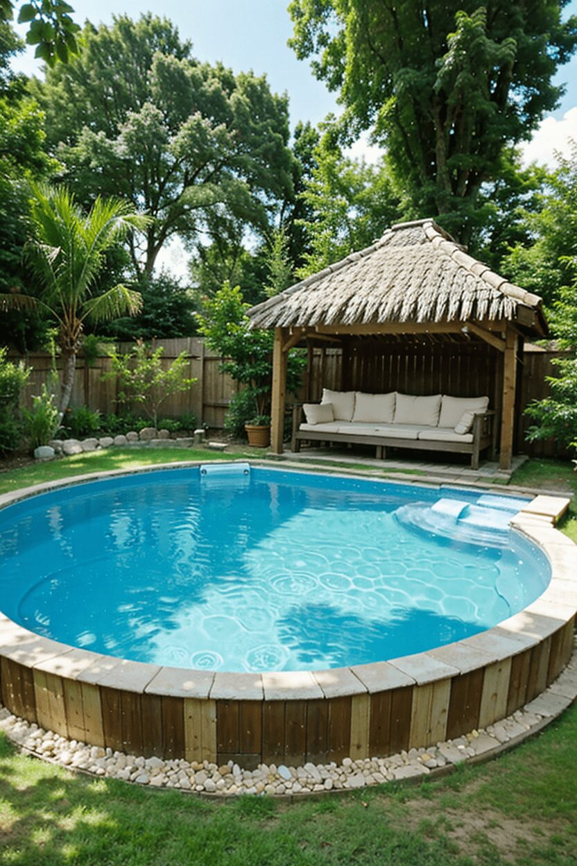 poolside hut above ground with shade sofa