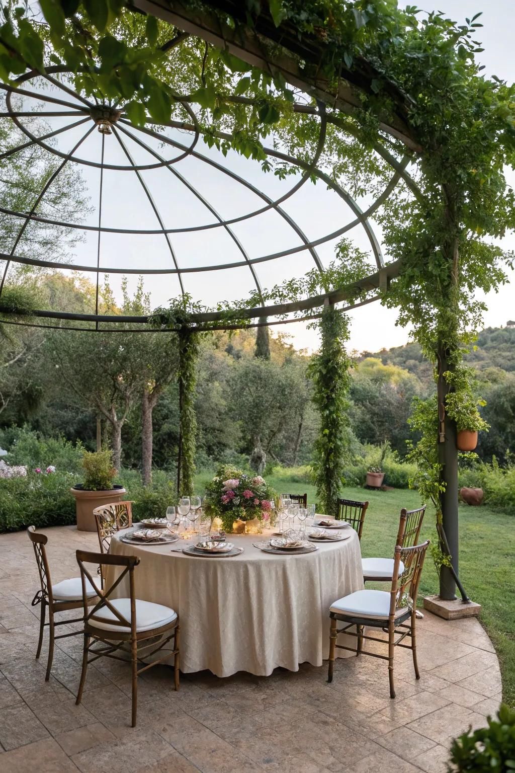 An open-air dining pergola transforms meals into a nature-filled experience.
