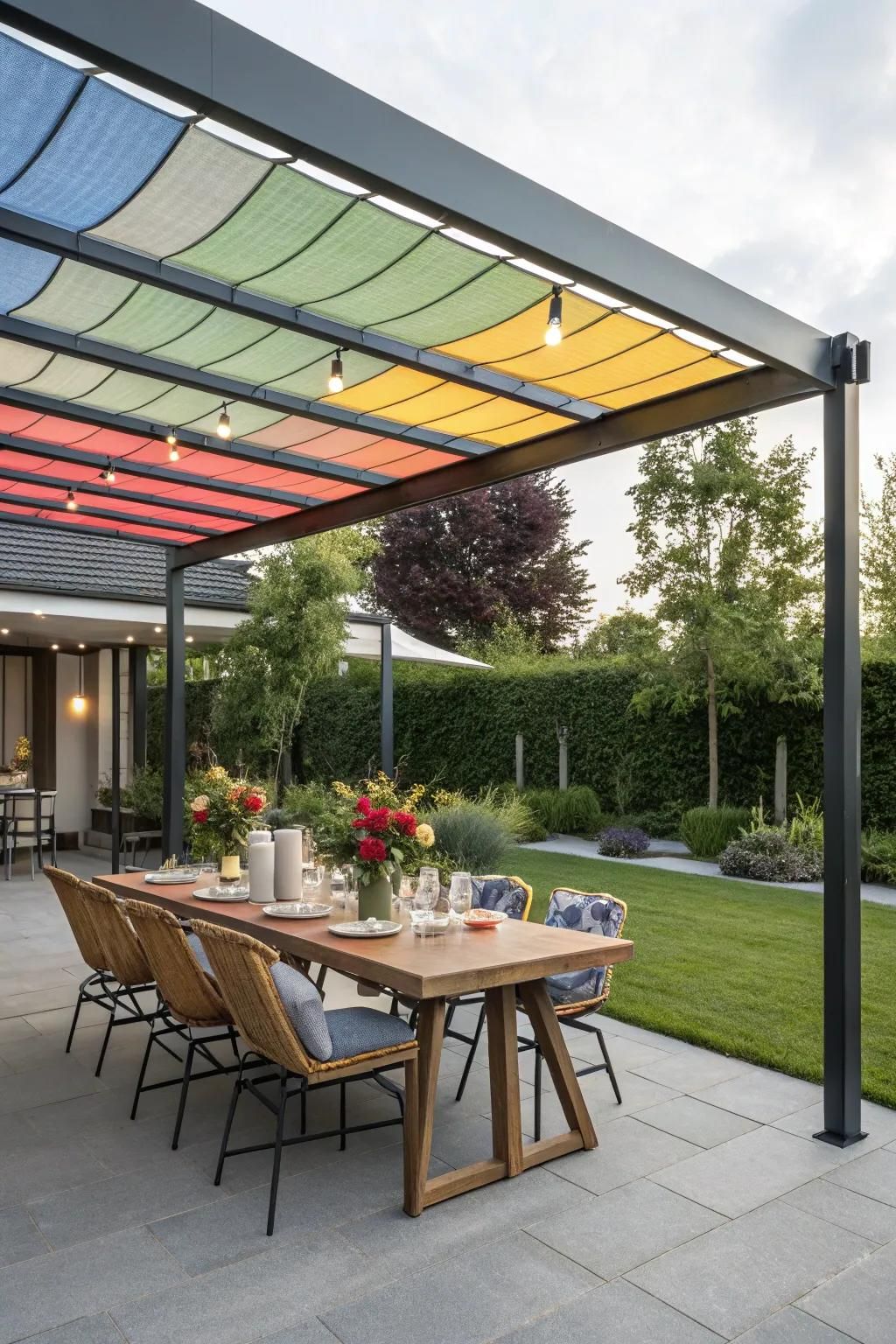 Tension fabric canopies bring color and flexibility to your pergola.