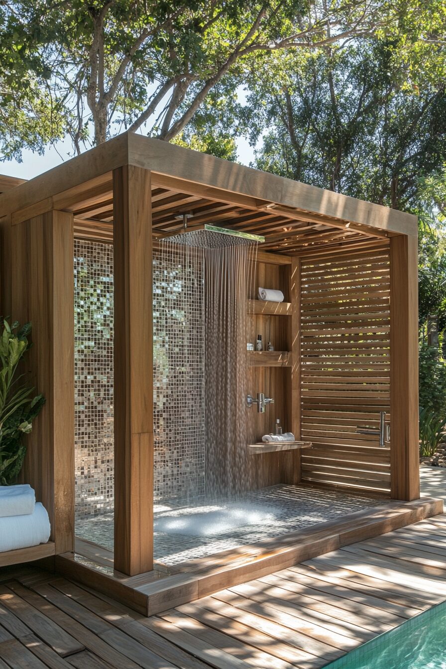 Pool house. Teak wood cabana with indoor-outdoor chrome finished shower.