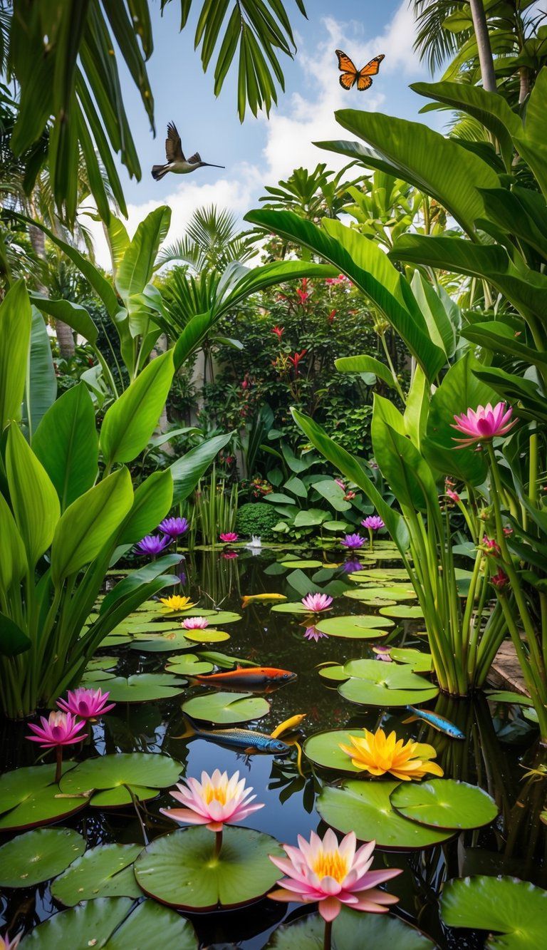 Lush tropical plants surround a serene pond, where colorful fish swim among vibrant water lilies. Butterflies flit among the flowers, while birds sing from the branches above